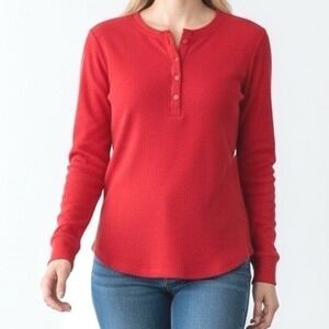 GAP Vintage Womens Petite Red Waffle Knit Long Sleeve Henley Shirt Top Size L